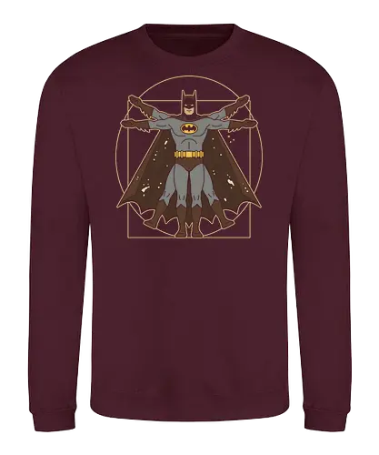 Vitruvian Bat Dark Knight Renaissance Art Parody Graphic - vitruvian batman shirt, sophisticated batman t-shirt, dark knight proportions graphic, superhero geometry clothing, classic comic book parody, artistic batman fan merch, unique dark knight streetwear, caped crusader art shirt, dark knight renaissance art t-shirt, batman anatomy graphic tee, superhero da vinci parody, batman art history clothing, vitruvian man superhero design, gotham protector streetwear, vintage batman illustration top, bronze and black superhero shirt, dc comics fan gift, academic superhero apparel, bat symbol renaissance art - Sweatshirt