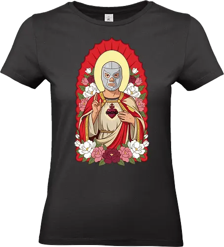 "Santo Luchador" Mexican Lucha Libre Sacred Heart Graphic - lucha libre saint shirt, mexican wrestler t-shirt, sacred heart luchador graphic tee, santo luchador apparel, masked wrestler religious art, chicano style streetwear, mexican folk art t-shirt, silver mask wrestler design, sagrado corazon luchador top, dia de los muertos aesthetic, floral wrestling shirt, traditional mexican icons clothing, lucha libre fan gift, heroic wrestler illustration, red and gold catholic parody, mexican culture graphic tee, luchador with roses t-shirt, vintage lucha libre merch, spiritual wrestling apparel - Standard T-Shirt (Women)