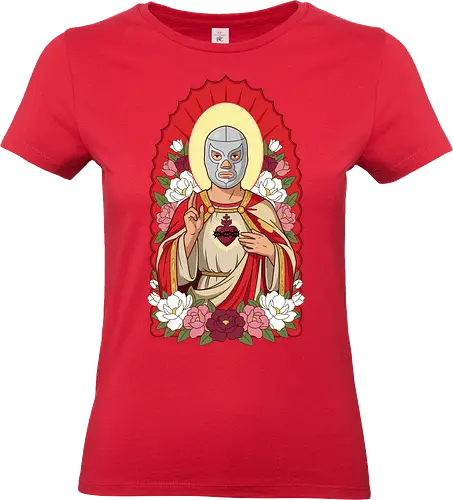 "Santo Luchador" Mexican Lucha Libre Sacred Heart Graphic - lucha libre saint shirt, mexican wrestler t-shirt, sacred heart luchador graphic tee, santo luchador apparel, masked wrestler religious art, chicano style streetwear, mexican folk art t-shirt, silver mask wrestler design, sagrado corazon luchador top, dia de los muertos aesthetic, floral wrestling shirt, traditional mexican icons clothing, lucha libre fan gift, heroic wrestler illustration, red and gold catholic parody, mexican culture graphic tee, luchador with roses t-shirt, vintage lucha libre merch, spiritual wrestling apparel - Standard T-Shirt (Women)