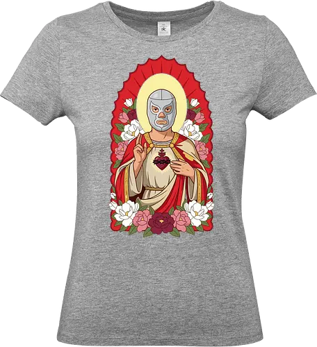 "Santo Luchador" Mexican Lucha Libre Sacred Heart Graphic - lucha libre saint shirt, mexican wrestler t-shirt, sacred heart luchador graphic tee, santo luchador apparel, masked wrestler religious art, chicano style streetwear, mexican folk art t-shirt, silver mask wrestler design, sagrado corazon luchador top, dia de los muertos aesthetic, floral wrestling shirt, traditional mexican icons clothing, lucha libre fan gift, heroic wrestler illustration, red and gold catholic parody, mexican culture graphic tee, luchador with roses t-shirt, vintage lucha libre merch, spiritual wrestling apparel - Standard T-Shirt (Women)