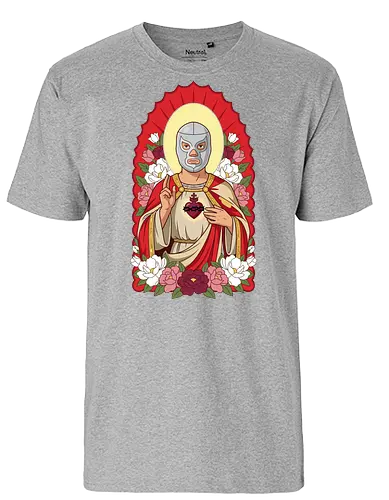"Santo Luchador" Mexican Lucha Libre Sacred Heart Graphic - lucha libre saint shirt, mexican wrestler t-shirt, sacred heart luchador graphic tee, santo luchador apparel, masked wrestler religious art, chicano style streetwear, mexican folk art t-shirt, silver mask wrestler design, sagrado corazon luchador top, dia de los muertos aesthetic, floral wrestling shirt, traditional mexican icons clothing, lucha libre fan gift, heroic wrestler illustration, red and gold catholic parody, mexican culture graphic tee, luchador with roses t-shirt, vintage lucha libre merch, spiritual wrestling apparel - Fairtrade T-Shirt
