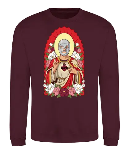 "Santo Luchador" Mexican Lucha Libre Sacred Heart Graphic - lucha libre saint shirt, mexican wrestler t-shirt, sacred heart luchador graphic tee, santo luchador apparel, masked wrestler religious art, chicano style streetwear, mexican folk art t-shirt, silver mask wrestler design, sagrado corazon luchador top, dia de los muertos aesthetic, floral wrestling shirt, traditional mexican icons clothing, lucha libre fan gift, heroic wrestler illustration, red and gold catholic parody, mexican culture graphic tee, luchador with roses t-shirt, vintage lucha libre merch, spiritual wrestling apparel - Sweatshirt