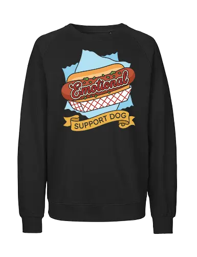 "Emotional Support Dog" Funny Hot Dog Foodie Graphic - emotional support dog shirt, funny hot dog t-shirt, foodie graphic tee, hot dog pun apparel, retro diner style clothing, humorous food t-shirt, support dog parody merch, classic hot dog design, grilling enthusiast gift, comfort food streetwear, vintage snack bar aesthetic, funny pun clothing, red and blue food graphic, emotional support snack top, fast food parody tee, barbeque party shirt, quirky foodie fashion, mustard lettering design, hot dog lover apparel - Fairtrade Sweatshirt