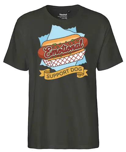 "Emotional Support Dog" Funny Hot Dog Foodie Graphic - emotional support dog shirt, funny hot dog t-shirt, foodie graphic tee, hot dog pun apparel, retro diner style clothing, humorous food t-shirt, support dog parody merch, classic hot dog design, grilling enthusiast gift, comfort food streetwear, vintage snack bar aesthetic, funny pun clothing, red and blue food graphic, emotional support snack top, fast food parody tee, barbeque party shirt, quirky foodie fashion, mustard lettering design, hot dog lover apparel - Fairtrade T-Shirt