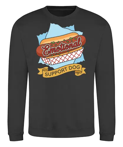 "Emotional Support Dog" Funny Hot Dog Foodie Graphic - emotional support dog shirt, funny hot dog t-shirt, foodie graphic tee, hot dog pun apparel, retro diner style clothing, humorous food t-shirt, support dog parody merch, classic hot dog design, grilling enthusiast gift, comfort food streetwear, vintage snack bar aesthetic, funny pun clothing, red and blue food graphic, emotional support snack top, fast food parody tee, barbeque party shirt, quirky foodie fashion, mustard lettering design, hot dog lover apparel - Sweatshirt