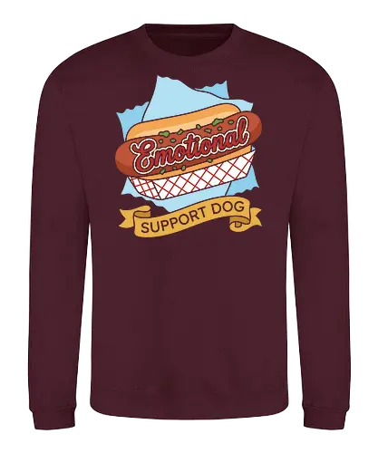 "Emotional Support Dog" Funny Hot Dog Foodie Graphic - emotional support dog shirt, funny hot dog t-shirt, foodie graphic tee, hot dog pun apparel, retro diner style clothing, humorous food t-shirt, support dog parody merch, classic hot dog design, grilling enthusiast gift, comfort food streetwear, vintage snack bar aesthetic, funny pun clothing, red and blue food graphic, emotional support snack top, fast food parody tee, barbeque party shirt, quirky foodie fashion, mustard lettering design, hot dog lover apparel - Sweatshirt