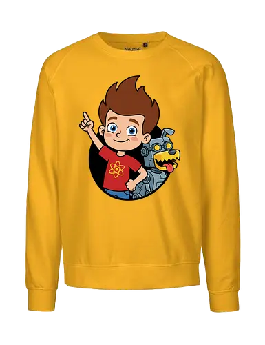 Boy Genius and Robotic Dog - funny science kid clothing, robotic pet graphic tee, retro animation streetwear, vibrant character illustration, kids cartoon fan gift, boy genius shirt, robotic dog t-shirt, jimmy neutron nostalgia apparel, 2000s cartoon graphic tee, goddard the robot dog design, retro nickelodeon clothing, inventor character shirt, science geek t-shirt, atom logo graphic top, childhood memories apparel, silver robot dog merch, 90s and 2000s animation shirt, brain blast t-shirt, tech savvy kid t-shirt - Fairtrade Sweatshirt