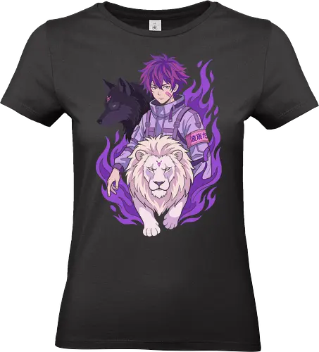 Purple Shadow Summoner - anime summoner shirt, purple hair anime t-shirt, wolf and lion graphic tee, supernatural anime apparel, techwear aesthetic clothing, edgy anime fan gift, vibrant character illustration, fantasy warrior t-shirt, spirit guardian design, purple flames anime top, tactical anime streetwear, cool shonen character shirt, animal familiar t-shirt, violet and pink anime merch, urban ninja aesthetic, mystic warrior clothing, manga style character art, purple aesthetic streetwear, white lion and black wolf - Standard T-Shirt (Women)