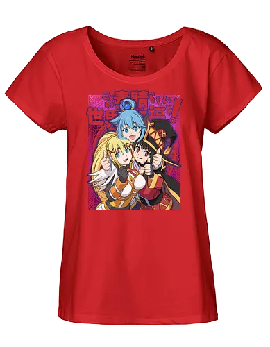 Konosuba – The Legendary Party - konosuba, aqua megumin darkness, anime trio, fantasy comedy anime, isekai anime, mage explosion, crusader knight, goddess anime, manga series, anime art - Fairtrade Girl Shirt