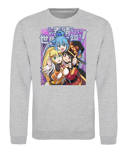 Konosuba – The Legendary Party - konosuba, aqua megumin darkness, anime trio, fantasy comedy anime, isekai anime, mage explosion, crusader knight, goddess anime, manga series, anime art - Sweatshirt