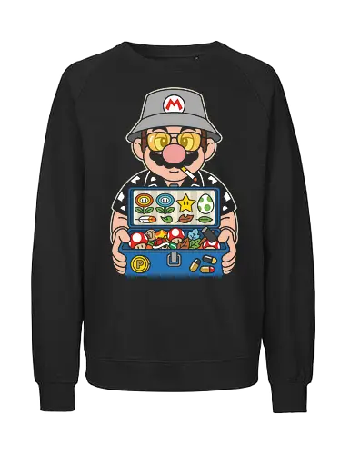 Fear and Loathing in Mushroom Kingdom - mario parody shirt, fear and loathing mashup t-shirt, mushroom kingdom graphic tee, hunter s thompson mario design, funny video game parody apparel, trippy mario t-shirt, cult classic movie mashup clothing, super mario power ups art, bucket hat mario shirt, psychedelic gaming streetwear, retro nintendo parody merch, mario aviator glasses design, funny gamer gift, trippy mushroom kingdom top, iconic movie parody clothing, adult gaming t-shirt, creative character mashup, vintage gaming aesthetic gear, quirky pop culture fashion - Fairtrade Sweatshirt