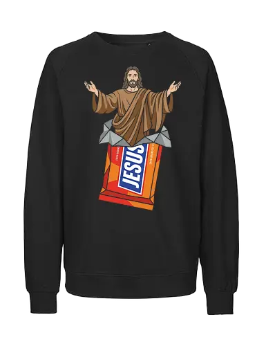 Sweet Salvation - jesus chocolate bar shirt, funny religious parody t-shirt, sweet salvation graphic tee, jesus candy bar design, ironic faith apparel, snickers parody jesus top, humorous christian streetwear, retro snack food mashup, clever religious gift, chocolate wrapper graphic shirt, jesus pop culture t-shirt, funny savior clothing, non-branded candy parody, vibrant vector jesus art, unique spiritual streetwear, religious humor merch, witty faith based t-shirt, chocolate lover jesus design, satirical religious fashion - Fairtrade Sweatshirt
