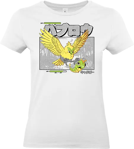 Beak Attack - bird, owl, caterpillar, bug, illustration, creature, fantasy, wild, insect, wildlife, nature, gamer, gaming, videogame, rpg, boss, bossfight, battle, attack, retro, arcade, pixel, cute, funny, humor, nerd, geek, forest, adventure, cartoon - Standard T-Shirt (Women)