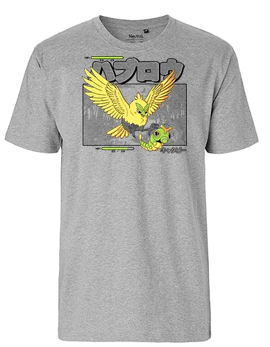 Beak Attack - bird, owl, caterpillar, bug, illustration, creature, fantasy, wild, insect, wildlife, nature, gamer, gaming, videogame, rpg, boss, bossfight, battle, attack, retro, arcade, pixel, cute, funny, humor, nerd, geek, forest, adventure, cartoon - Fairtrade T-Shirt