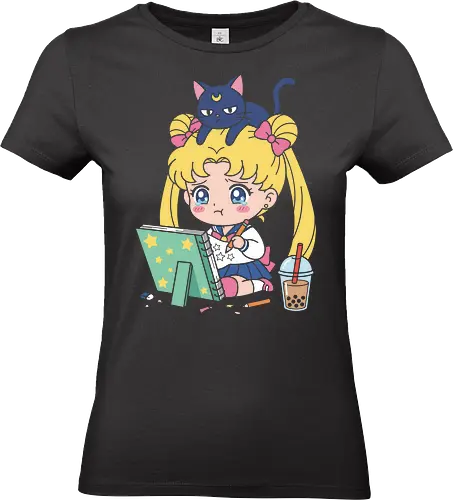 Art Block Sailor - pastel anime aesthetic, sailor moon drawing design, luna perched on head shirt, kawaii desk culture apparel, vibrant anime illustration, trendy otaku fashion, sailor moon art shirt, struggling artist t-shirt, kawaii chibi usagi tee, boba tea anime clothing, art block graphic shirt, cute luna cat design, magical girl sketchbook top, aesthetic anime girl streetwear, funny artist gift, 90s nostalgia anime apparel, chibi sailor moon boba, creative struggle merch, student artist t-shirt - Standard T-Shirt (Women)