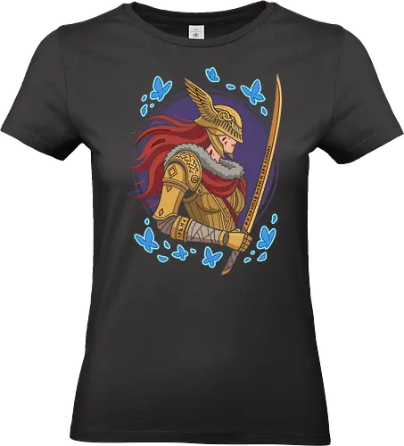 Valkyrie of the Blue Butterflies - valkyrie shirt, valkyrie t-shirt, fantasy warrior shirt, norse mythology shirt, winged helmet design, female knight t-shirt, armored woman graphic tee, fantasy girl shirt, blue butterfly shirt, mythological warrior design, medieval fantasy apparel, epic warrior illustration, vector fantasy print, fantasy aesthetic shirt, warrior princess t-shirt, norse inspired clothing, fantasy art tee, women warrior design, golden armor illustration, graphic fantasy t-shirt - Standard T-Shirt (Women)