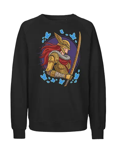 Valkyrie of the Blue Butterflies - valkyrie shirt, valkyrie t-shirt, fantasy warrior shirt, norse mythology shirt, winged helmet design, female knight t-shirt, armored woman graphic tee, fantasy girl shirt, blue butterfly shirt, mythological warrior design, medieval fantasy apparel, epic warrior illustration, vector fantasy print, fantasy aesthetic shirt, warrior princess t-shirt, norse inspired clothing, fantasy art tee, women warrior design, golden armor illustration, graphic fantasy t-shirt - Fairtrade Sweatshirt