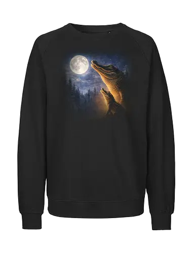Mystischer Mond Alligator Heult im Fantasie-Nacht Sumpf - Mond Alligator, mystische Alligator Kunst, heulender Alligator, Fantasy Alligator Kunst, Mondlicht Alligator, mystischer Sumpf Alligator, Fantasy Reptil Design, Alligator Nacht Kunst, Mond Sumpf Tier, magische Alligator Illustration, Sumpf Kreatur Kunst, Reptil Mond Poster, Fantasy Wildtier Design, Mond Tier Design - Fairtrade Sweatshirt