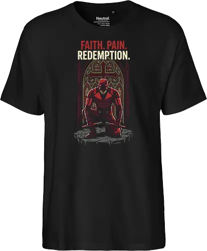 DAREDEVIL: FAITH PAIN REDEMPTION - red suit superhero, catholic superhero, religious art, stained glass design, gothic art, superhero apparel, comic book t-shirt, dark hero, faith pain redemption, man without fear, red suit superhero shirt, gothic apparel, fan apparel, murdock - Fairtrade T-Shirt