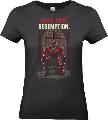 DAREDEVIL: FAITH PAIN REDEMPTION - red suit superhero, catholic superhero, religious art, stained glass design, gothic art, superhero apparel, comic book t-shirt, dark hero, faith pain redemption, man without fear, red suit superhero shirt, gothic apparel, fan apparel, murdock - Standard T-Shirt (Women)