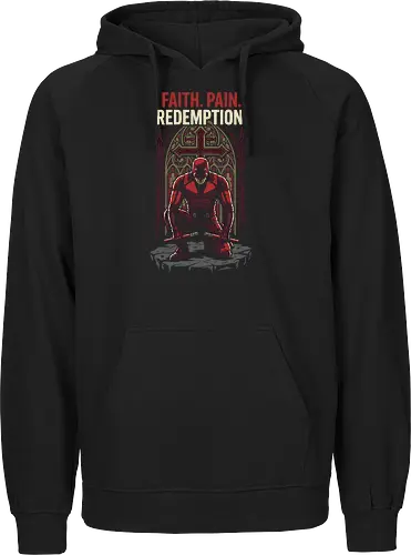 DAREDEVIL: FAITH PAIN REDEMPTION - red suit superhero, catholic superhero, religious art, stained glass design, gothic art, superhero apparel, comic book t-shirt, dark hero, faith pain redemption, man without fear, red suit superhero shirt, gothic apparel, fan apparel, murdock - Fairtrade Hoodie