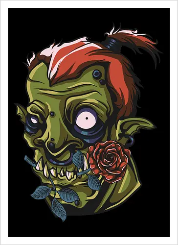 Zombie Skull with Rose – Dark Gothic Punk Horror Tattoo Style Art