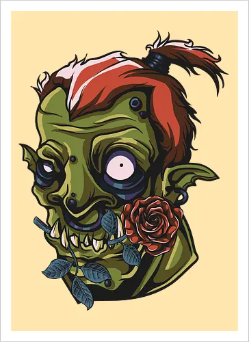 Zombie Skull with Rose – Dark Gothic Punk Horror Tattoo Style Art
