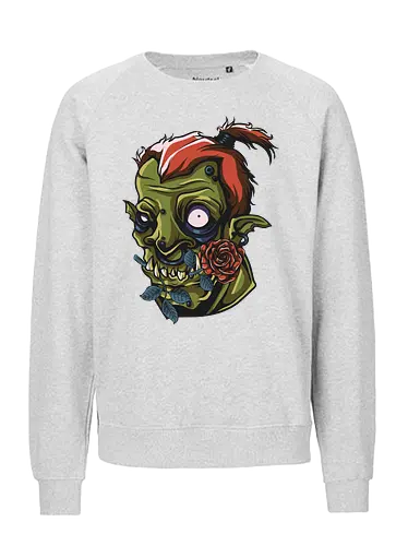 Zombie Skull with Rose – Dark Gothic Punk Horror Tattoo Style Art - undead art, spooky design, halloween shirt, edgy graphic, macabre art, alternative style, horror illustration, skull tattoo style, punk rock design, zombie skull, skull art, horror design, gothic style, punk aesthetic, tattoo art, creepy skull, dark art, horror streetwear, gothic fashion, skull with rose - Fairtrade Sweatshirt