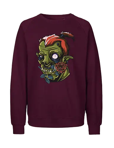 Zombie Skull with Rose – Dark Gothic Punk Horror Tattoo Style Art - undead art, spooky design, halloween shirt, edgy graphic, macabre art, alternative style, horror illustration, skull tattoo style, punk rock design, zombie skull, skull art, horror design, gothic style, punk aesthetic, tattoo art, creepy skull, dark art, horror streetwear, gothic fashion, skull with rose - Fairtrade Sweatshirt