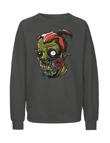 Zombie Skull with Rose – Dark Gothic Punk Horror Tattoo Style Art - undead art, spooky design, halloween shirt, edgy graphic, macabre art, alternative style, horror illustration, skull tattoo style, punk rock design, zombie skull, skull art, horror design, gothic style, punk aesthetic, tattoo art, creepy skull, dark art, horror streetwear, gothic fashion, skull with rose - Fairtrade Sweatshirt