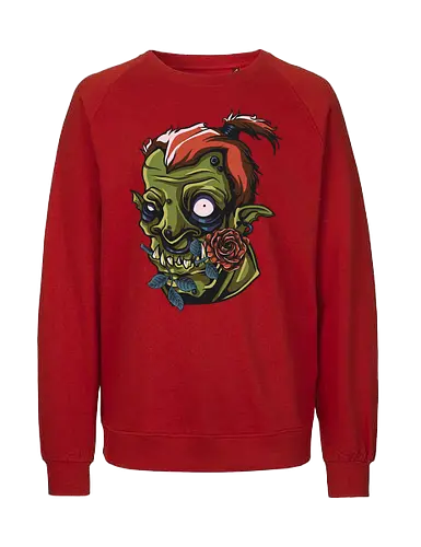 Zombie Skull with Rose – Dark Gothic Punk Horror Tattoo Style Art - undead art, spooky design, halloween shirt, edgy graphic, macabre art, alternative style, horror illustration, skull tattoo style, punk rock design, zombie skull, skull art, horror design, gothic style, punk aesthetic, tattoo art, creepy skull, dark art, horror streetwear, gothic fashion, skull with rose - Fairtrade Sweatshirt