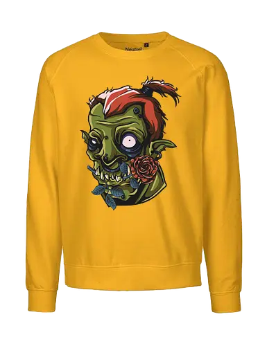 Zombie Skull with Rose – Dark Gothic Punk Horror Tattoo Style Art - undead art, spooky design, halloween shirt, edgy graphic, macabre art, alternative style, horror illustration, skull tattoo style, punk rock design, zombie skull, skull art, horror design, gothic style, punk aesthetic, tattoo art, creepy skull, dark art, horror streetwear, gothic fashion, skull with rose - Fairtrade Sweatshirt