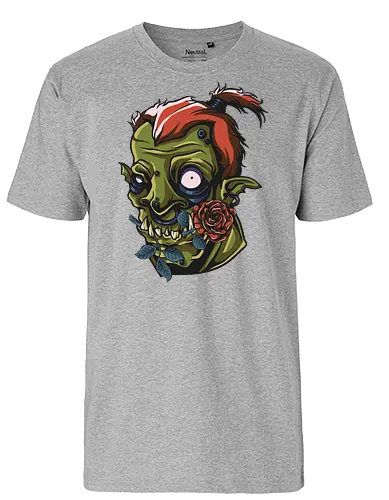 Zombie Skull with Rose – Dark Gothic Punk Horror Tattoo Style Art - undead art, spooky design, halloween shirt, edgy graphic, macabre art, alternative style, horror illustration, skull tattoo style, punk rock design, zombie skull, skull art, horror design, gothic style, punk aesthetic, tattoo art, creepy skull, dark art, horror streetwear, gothic fashion, skull with rose - Fairtrade T-Shirt