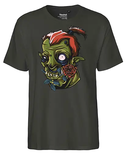 Zombie Skull with Rose – Dark Gothic Punk Horror Tattoo Style Art - undead art, spooky design, halloween shirt, edgy graphic, macabre art, alternative style, horror illustration, skull tattoo style, punk rock design, zombie skull, skull art, horror design, gothic style, punk aesthetic, tattoo art, creepy skull, dark art, horror streetwear, gothic fashion, skull with rose - Fairtrade T-Shirt