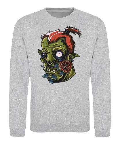 Zombie Skull with Rose – Dark Gothic Punk Horror Tattoo Style Art - undead art, spooky design, halloween shirt, edgy graphic, macabre art, alternative style, horror illustration, skull tattoo style, punk rock design, zombie skull, skull art, horror design, gothic style, punk aesthetic, tattoo art, creepy skull, dark art, horror streetwear, gothic fashion, skull with rose - Sweatshirt
