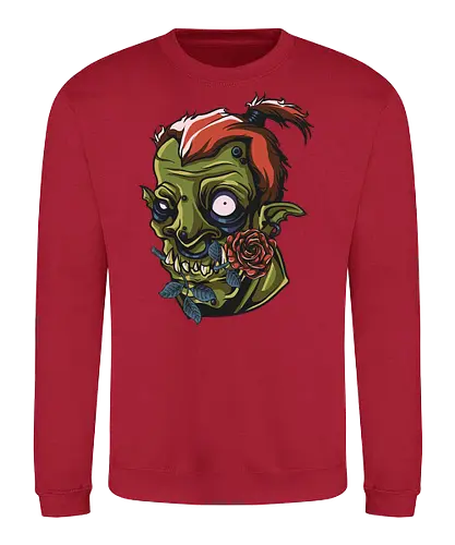 Zombie Skull with Rose – Dark Gothic Punk Horror Tattoo Style Art - undead art, spooky design, halloween shirt, edgy graphic, macabre art, alternative style, horror illustration, skull tattoo style, punk rock design, zombie skull, skull art, horror design, gothic style, punk aesthetic, tattoo art, creepy skull, dark art, horror streetwear, gothic fashion, skull with rose - Sweatshirt