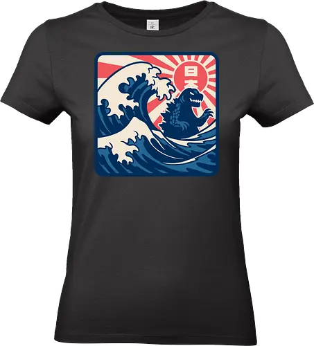 Japanese Wave Sign - Kaiju, Vintage, Retro, Retro Vintage, Movie, Classic Movie, Monster, Giant Monster, Giant Monsters, Fantasy, Adventure, Science Fiction, Scifi, Mt. Fuji, Mount Fuji, The Great Wave, Great Wave, The Great Wave Of Kanagawa, Hokusai, Japan, Japanese, Japanese Art - Standard T-Shirt (Women)