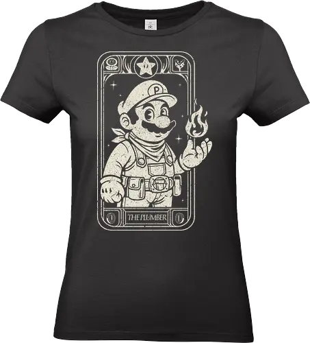 The Plumber - plumber, hero, retro, gaming, videogame, nostalgia, classic, card, tarot, fantasy, pixel, arcade, legend, character, funny, humor, geek, nerd, vintage, aesthetic, illustration, cartoon, mustache, firepower, adventure, iconic, oldschool, gamerlife, design, collectible - Standard T-Shirt (Women)