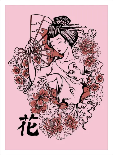 Minimalist Japanese Geisha Floral Silhouette - Geisha, Sakura, Cherry Blossom, Minimalist, Kimono, Japan Art, Oriental, Floral, Zen, Asia, Traditional, Red and Black, Woman Silhouette, Elegant, Culture. - Artprint