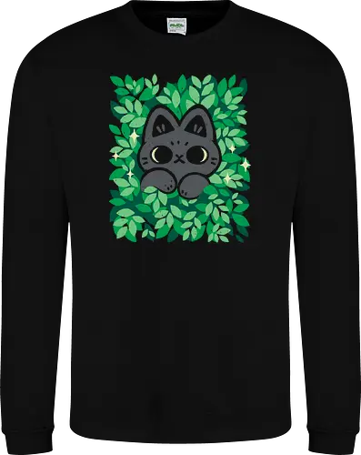 Cute Black Cat Peeking Through Green Leaves