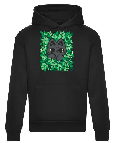 Cute Black Cat Peeking Through Green Leaves