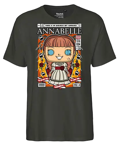 Annabelle – Pop Style Horror - annabelle, horror doll, creepy doll, funko style, chibi horror, kawaii spooky, horror movie, haunted doll, pop figure style, scary cute, horror art, spooky aesthetic, collectible style, cute horror, anime style - Fairtrade T-Shirt
