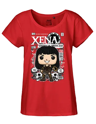 Xena – Warrior Princess - xena warrior princess, xena, fantasy warrior, tv series, strong female hero, funko style, chibi warrior, pop figure style, stylized character, collectible design, battle heroine, sword warrior, retro tv, heroic aesthetic, cute stylized - Fairtrade Girl Shirt