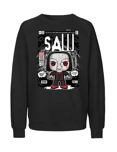 Saw – Jigsaw Killer - saw movie, jigsaw, horror villain, billy puppet, horror film, dark thriller, funko style, chibi horror, pop figure style, stylized character, collectible design, creepy doll, scary cute, horror icon, spooky aesthetic - Fairtrade Sweatshirt