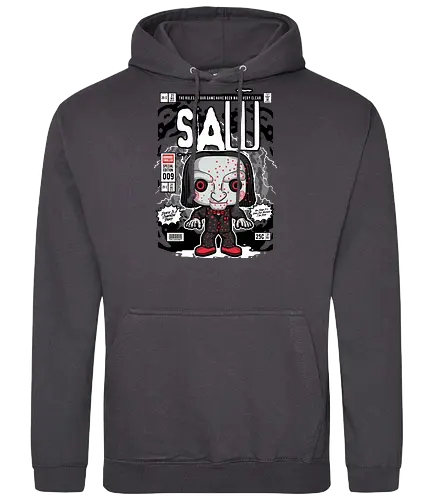 Saw – Jigsaw Killer - saw movie, jigsaw, horror villain, billy puppet, horror film, dark thriller, funko style, chibi horror, pop figure style, stylized character, collectible design, creepy doll, scary cute, horror icon, spooky aesthetic - Standard Hoodie