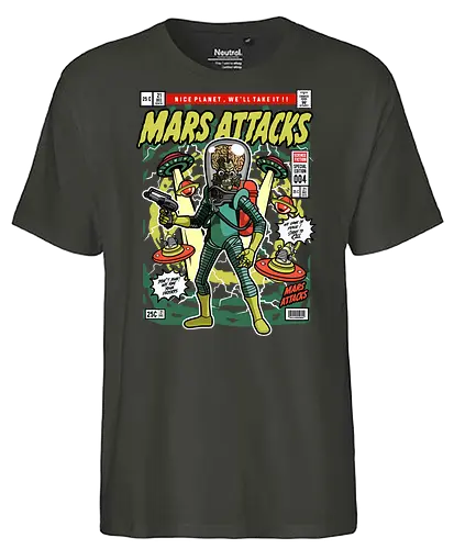 Mars Attacks – Alien Invader - mars attacks, alien invaders, sci fi comedy, retro aliens, cult movie, space invasion, funko style, chibi alien, pop figure style, stylized character, collectible design, retro sci fi, funny alien, space aesthetic, cute weird - Fairtrade T-Shirt