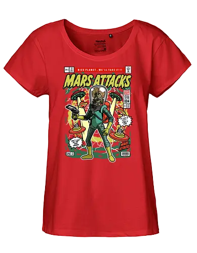 Mars Attacks – Alien Invader - mars attacks, alien invaders, sci fi comedy, retro aliens, cult movie, space invasion, funko style, chibi alien, pop figure style, stylized character, collectible design, retro sci fi, funny alien, space aesthetic, cute weird - Fairtrade Girl Shirt