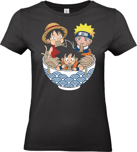 pirate, Shinobi, Goku Ramen Crossover - Luffy Naruto Goku Crossover, Anime Heroes Eating Ramen, One Piece Dragon Ball Naruto, Chibi Anime Mashup, Big Three Anime Tee, Cute Goku Eating, Kawaii Luffy, Naruto Ramen Graphic, Otaku Apparel, Manga Fan Art Print, Japanese Noodle Bowl, Goku Son, Monkey D. Luffy, Uzumaki Naruto, Shonen Jump Crossover, Anime Merch for Guys, Cute Anime Gift - Standard T-Shirt (Women)