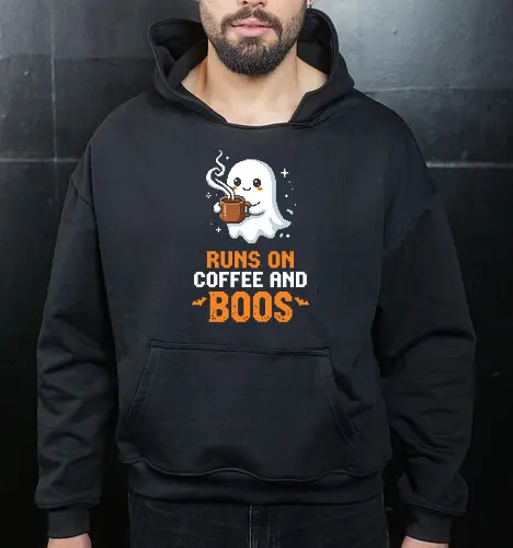 Runs On Boos - Cute Pixel Art Ghost Coffee Pun