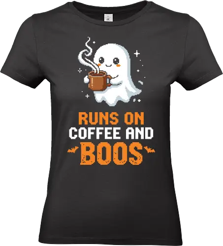Runs On Boos - Cute Pixel Art Ghost Coffee Pun - runs on boos, ghost coffee, halloween pun, pixel art, 8-bit, cute ghost, caffeine lover, spooky season, funny halloween, retro gaming, coffee addict, kawaii ghost, spooky pun, morning coffee, autumn vibes, ghost holding mug, fall aesthetic, tired ghost, gamer halloween, ghost humor, 90s retro, sarcastic halloween - Standard T-Shirt (Women)